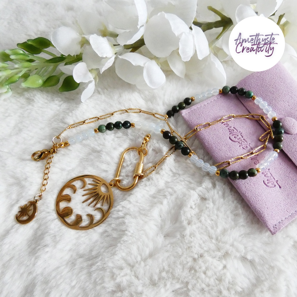 ASTERIA || Collier Fait main en Acier Inoxydable, Turquoise Africaine & Opalite