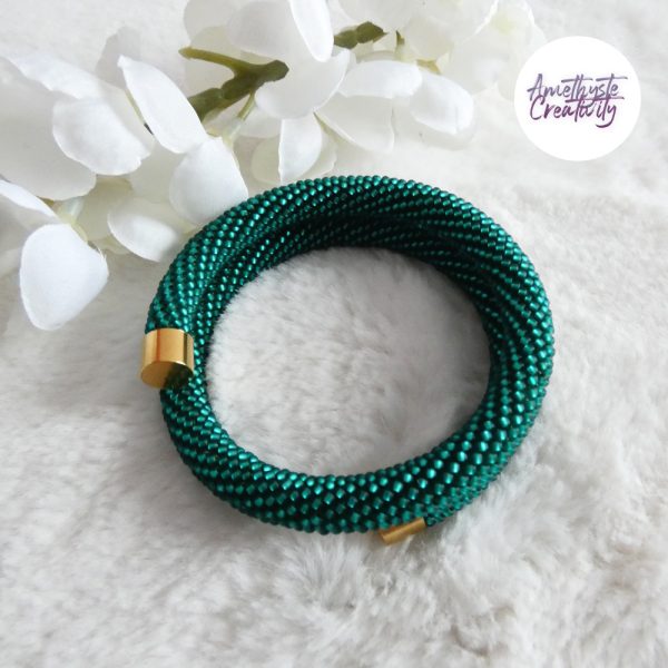 Bracelet Mémoire Sans Fermoir Crocheté Fait Main en Perles "Miyuki" - Vert Emeuraude
