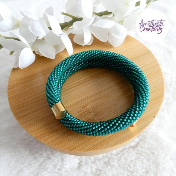Bracelet Mémoire Sans Fermoir Crocheté Fait Main en Perles "Miyuki" - Vert Emeuraude