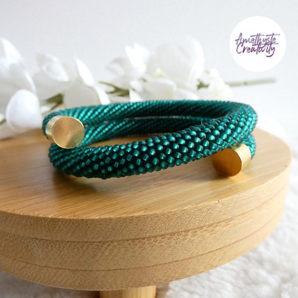 Bracelet Mémoire Sans Fermoir Crocheté Fait Main en Perles "Miyuki" - Vert Emeuraude