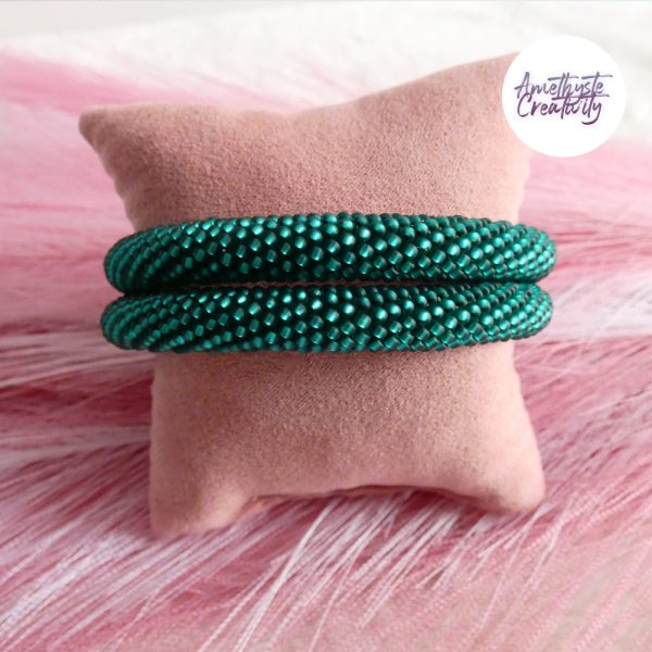 Bracelet Mémoire Sans Fermoir Crocheté Fait Main en Perles "Miyuki" - Vert Emeuraude
