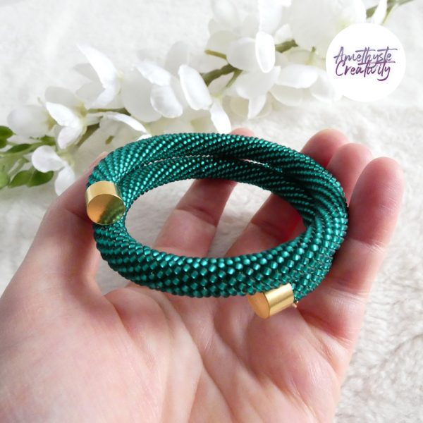 Bracelet Mémoire Sans Fermoir Crocheté Fait Main en Perles "Miyuki" - Vert Emeuraude