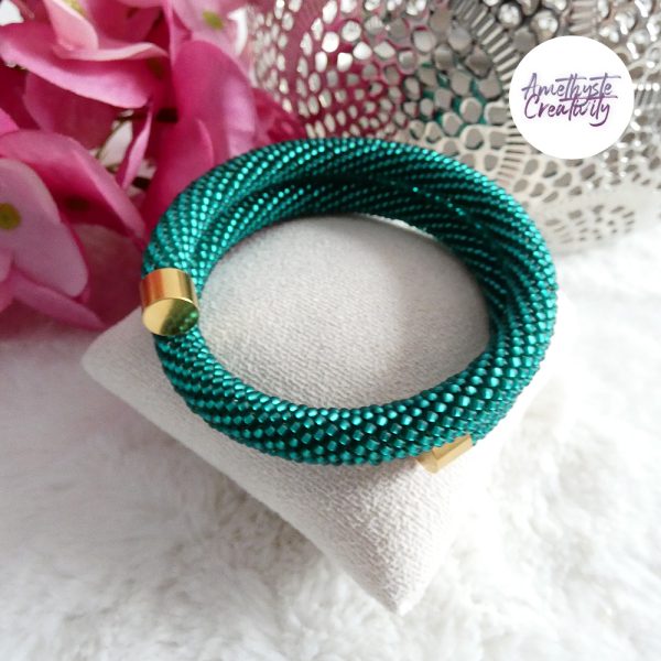 Bracelet Mémoire Sans Fermoir Crocheté Fait Main en Perles "Miyuki" - Vert Emeuraude