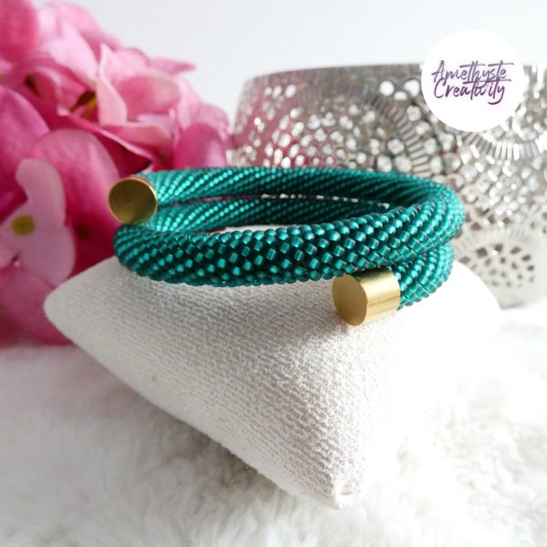 Bracelet Mémoire Sans Fermoir Crocheté Fait Main en Perles "Miyuki" - Vert Emeuraude