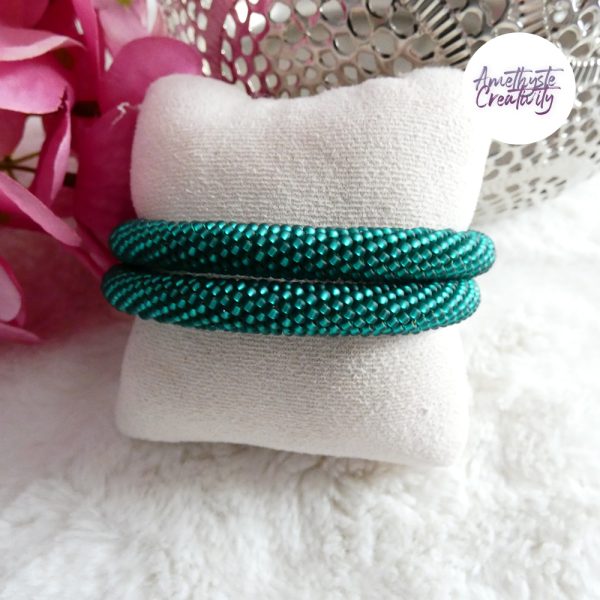 Bracelet Mémoire Sans Fermoir Crocheté Fait Main en Perles "Miyuki" - Vert Emeuraude