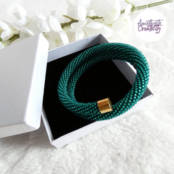 Bracelet Mémoire Sans Fermoir Crocheté Fait Main en Perles "Miyuki" - Vert Emeuraude
