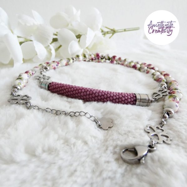TELIA || Collier en Perles Céramiques avec pendentif Crocheté Fait Main en Perles « Miyuki » – Violet Parme