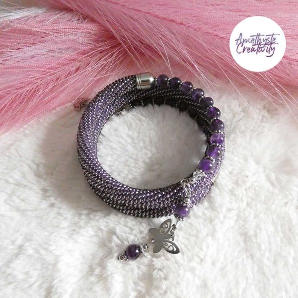 BUTTERFLY || Bracelet Sans Fermoir Crocheté Fait Main En Acier Inoxydable Et Perles “Miyuki” & Amethyste