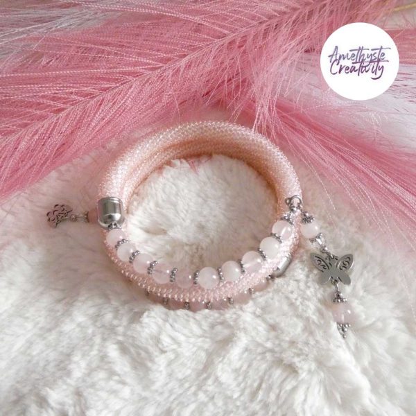 BUTTERFLY || Bracelet Sans Fermoir Crocheté Fait Main En Acier Inoxydable Et Perles “Miyuki” & Quartz rose