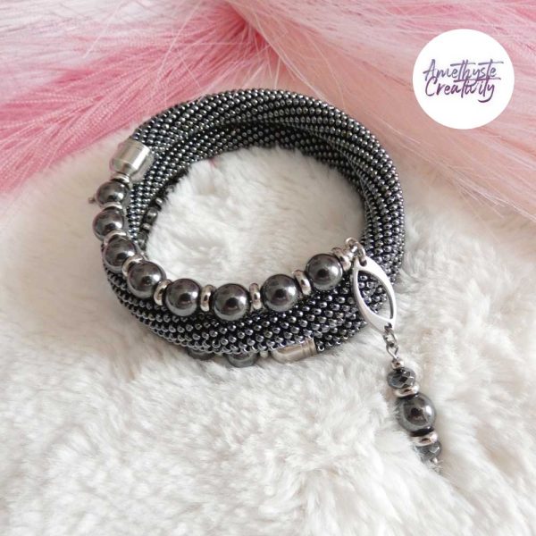 Bracelet Mémoire Sans Fermoir Crocheté Fait Main en Perles « Miyuki » & Perles Hematite