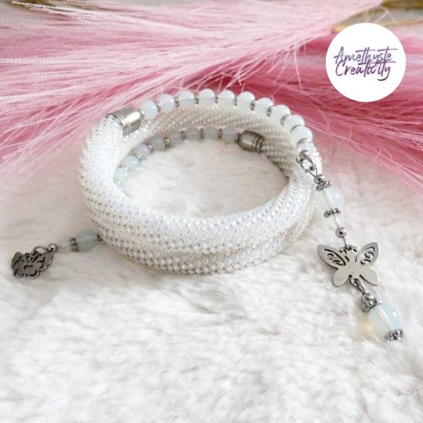 BUTTERFLY || Bracelet Sans Fermoir Crocheté Fait Main En Acier Inoxydable Et Perles “Miyuki” & Opalite