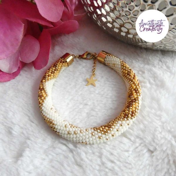 CHIC & ELEGANCE || Bracelet Crocheté Fait Main En Acier Inoxydable Et Perles “Miyuki” – Doré, Creme & Mix Golden Sun