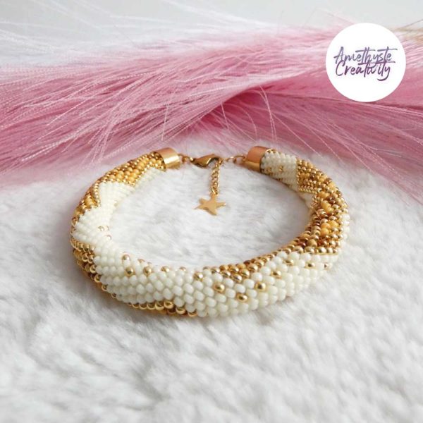 CHIC & ELEGANCE || Bracelet Crocheté Fait Main En Acier Inoxydable Et Perles “Miyuki” – Doré, Creme & Mix Golden Sun