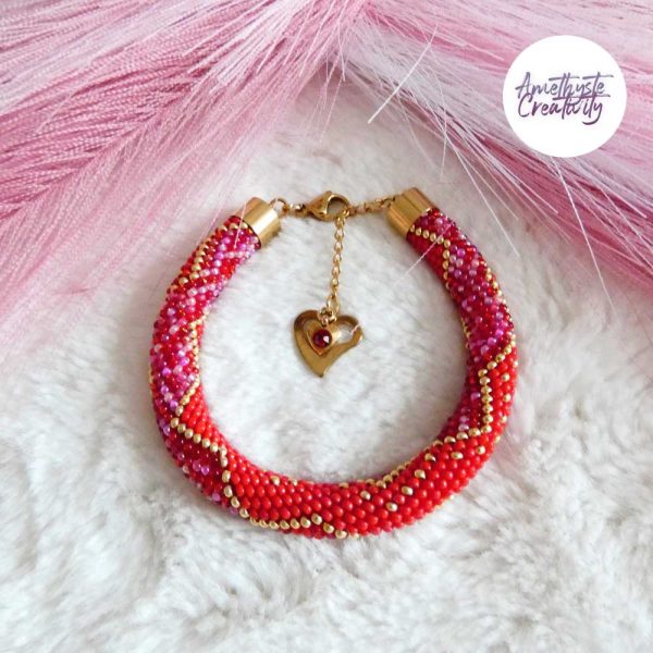 CHIC & ELEGANCE || Bracelet Crocheté Fait Main En Acier Inoxydable Et Perles “Miyuki” – Doré, Rouge & Mix Rouge-Rose