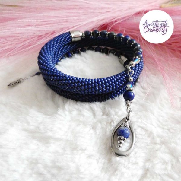 Bracelet Mémoire Sans Fermoir Crocheté Fait Main en Perles « Miyuki » & Perles Lapis Lazuli