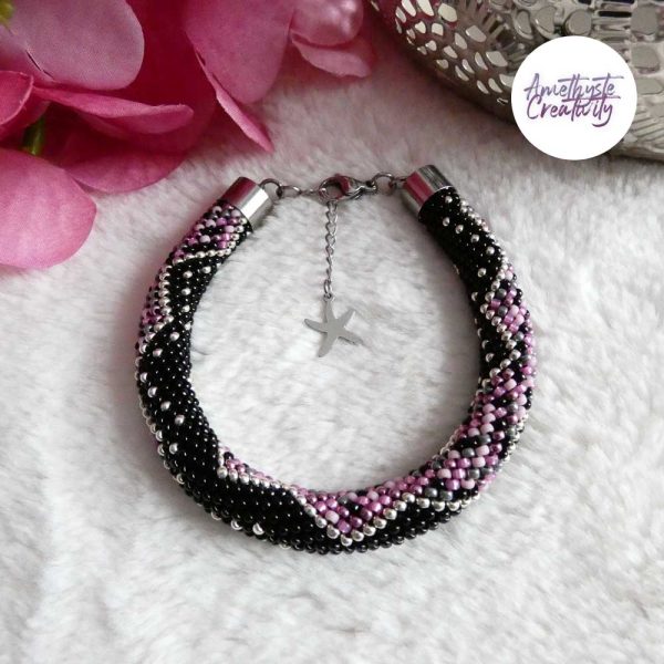 CHIC & ELEGANCE || Bracelet Crocheté Fait Main En Acier Inoxydable Et Perles “Miyuki” - Argenté, Noir, Mix Pink Candy