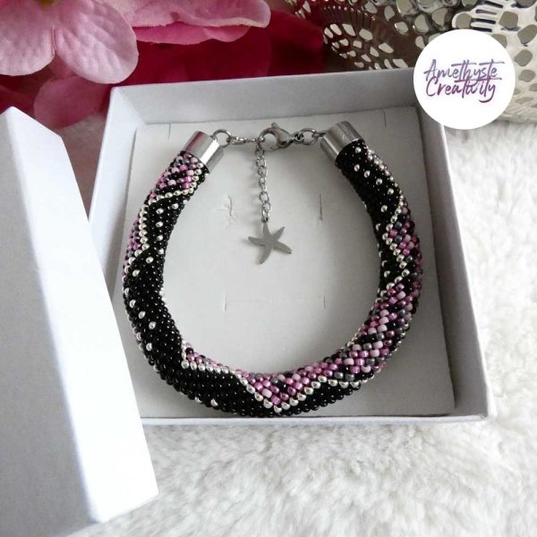 CHIC & ELEGANCE || Bracelet Crocheté Fait Main En Acier Inoxydable Et Perles “Miyuki” - Argenté, Noir, Mix Pink Candy