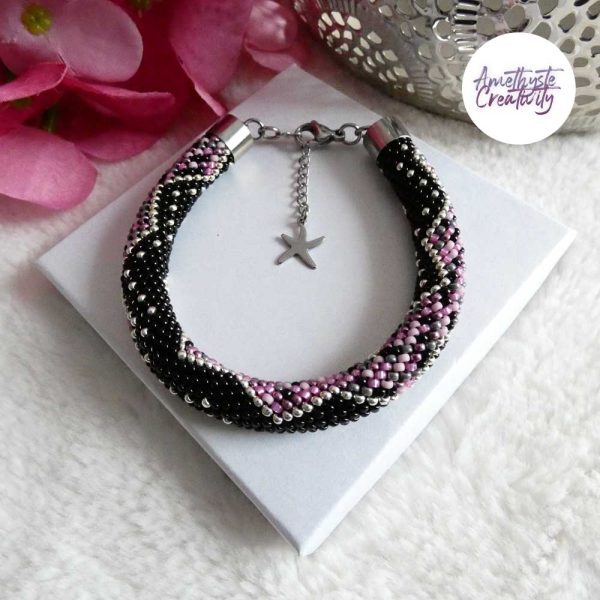 CHIC & ELEGANCE || Bracelet Crocheté Fait Main En Acier Inoxydable Et Perles “Miyuki” - Argenté, Noir, Mix Pink Candy
