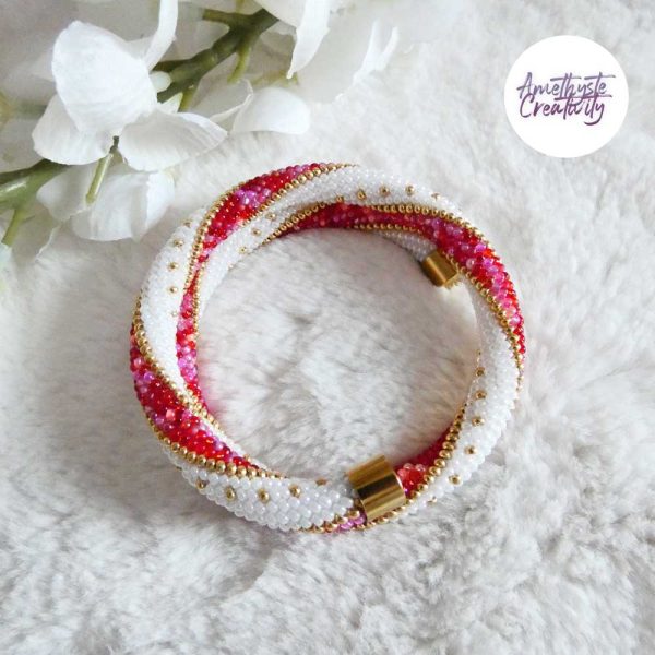 MINIMAL CHIC || Bracelet Mémoire Sans Fermoir Crocheté Fait Main en Perles « Miyuki » – Blanc Nacré & Mix Rose-Rouge