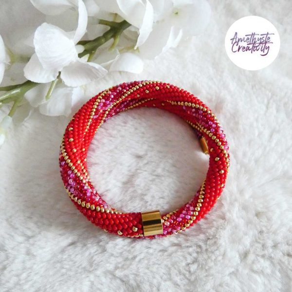 MINIMAL CHIC || Bracelet Mémoire Sans Fermoir Crocheté Fait Main en Perles « Miyuki » – Rouge & Mix Rose-Rouge